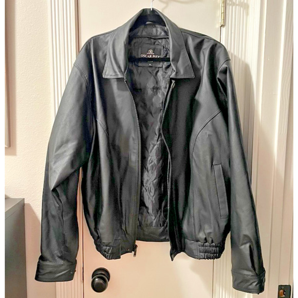 Vintage Oscar Piel Jacket Mens XL Black Leather Bomber Quilted Lined Classic - Picture 1 of 11